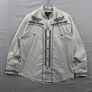 El General Western Shirt Mens XL Cream Brown Embroidered Vaquero Mandarin Collar